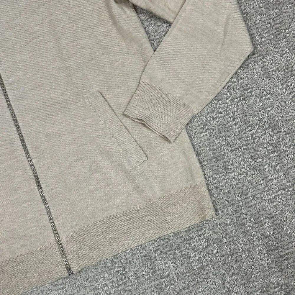 J Crew 100% Merino Wool Full Zip Sweater Mens Large Beige Preppy Pockets